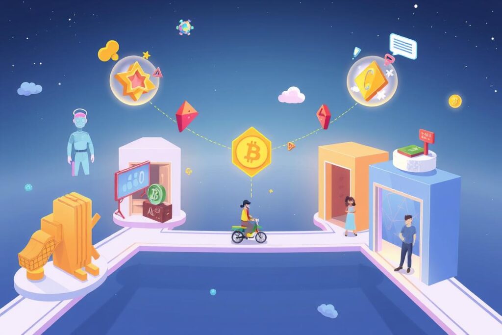Illustration of digital assets moving freely between different virtual worlds and applications, showing the interoperable future of the metaverse Illustration of digital assets moving freely between different virtual worlds and applications, showing the interoperable future of the metaverse