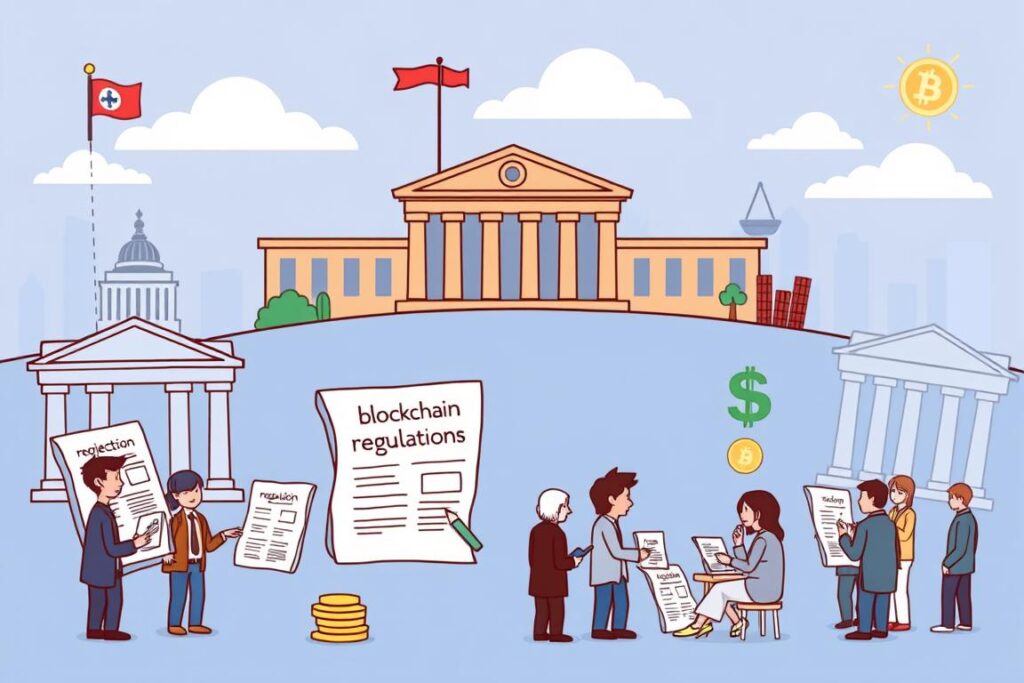 Illustration of regulatory frameworks developing around blockchain technology, showing the future of digital governance Illustration of regulatory frameworks developing around blockchain technology, showing the future of digital governance