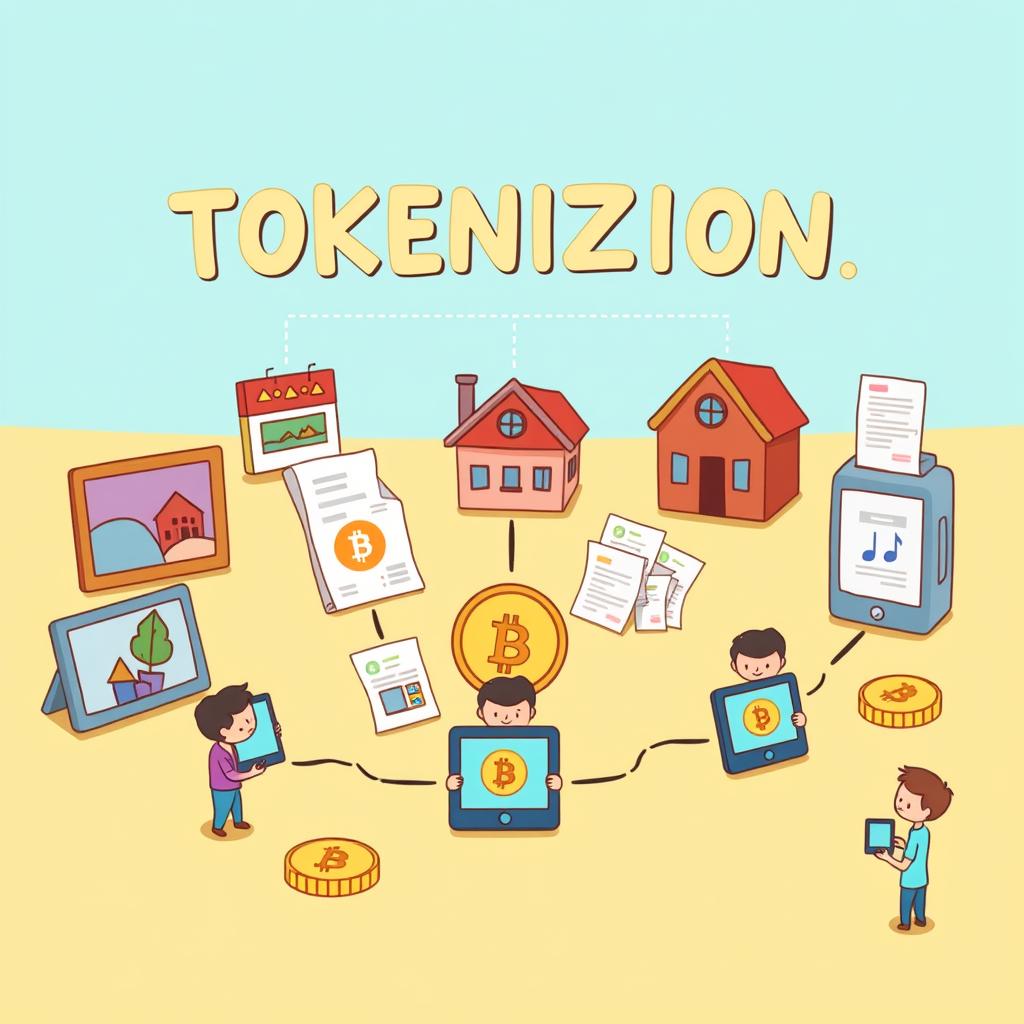 Illustration of various digital assets being tokenized on a blockchain, showing the future of ownership in the digital economy Illustration of various digital assets being tokenized on a blockchain, showing the future of ownership in the digital economy