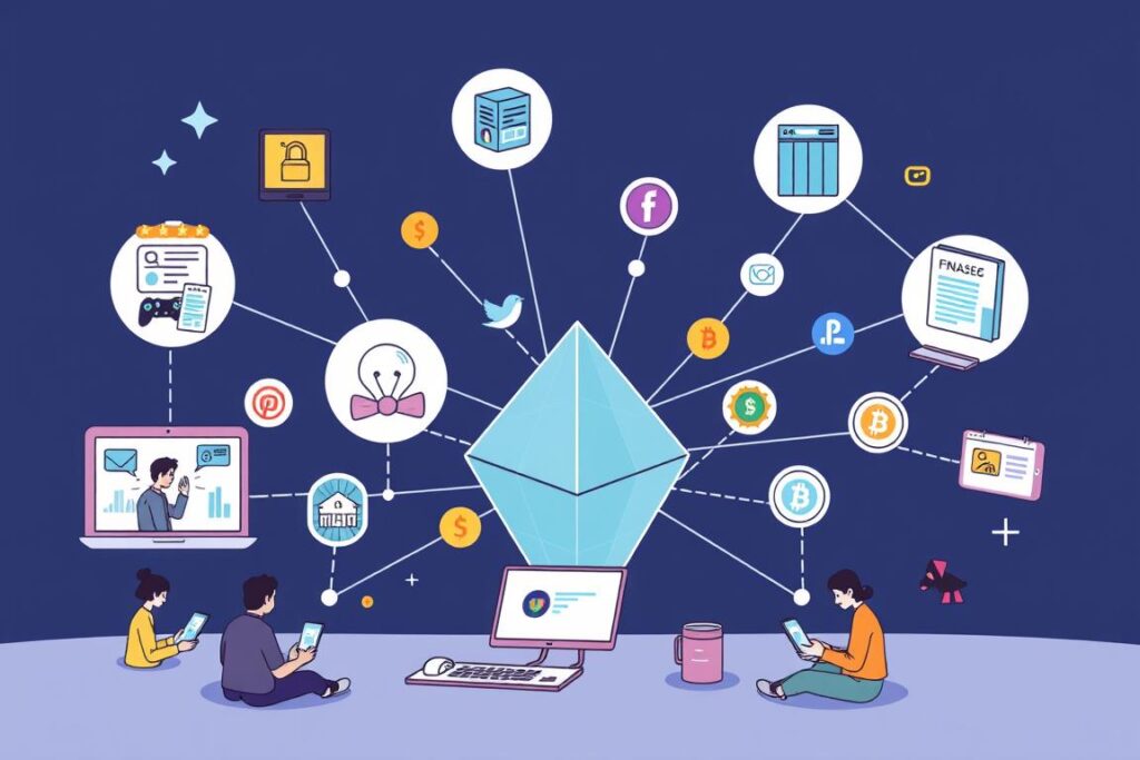 Illustration showing various decentralized applications connecting to a blockchain network, representing the future of internet services Illustration showing various decentralized applications connecting to a blockchain network, representing the future of internet services
