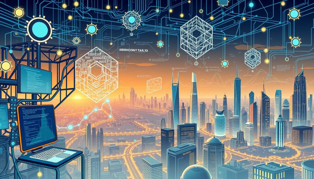 Intricate blockchain infrastructure, a complex network of smart contract protocols, conveying the decentralized future of finance. In the foreground, sleek digital interfaces and transparent transaction ledgers, conveying the core technologies driving DeFi innovation. In the middle ground, ethereal holographic visualizations of code and data flows, hinting at the underlying computational complexity. In the background, a panoramic cityscape with towering skyscrapers and futuristic architecture, representing the integration of blockchain into the financial landscape. Bathed in a warm, ambient glow, the scene exudes a sense of progress and technological sophistication. Investurns.com