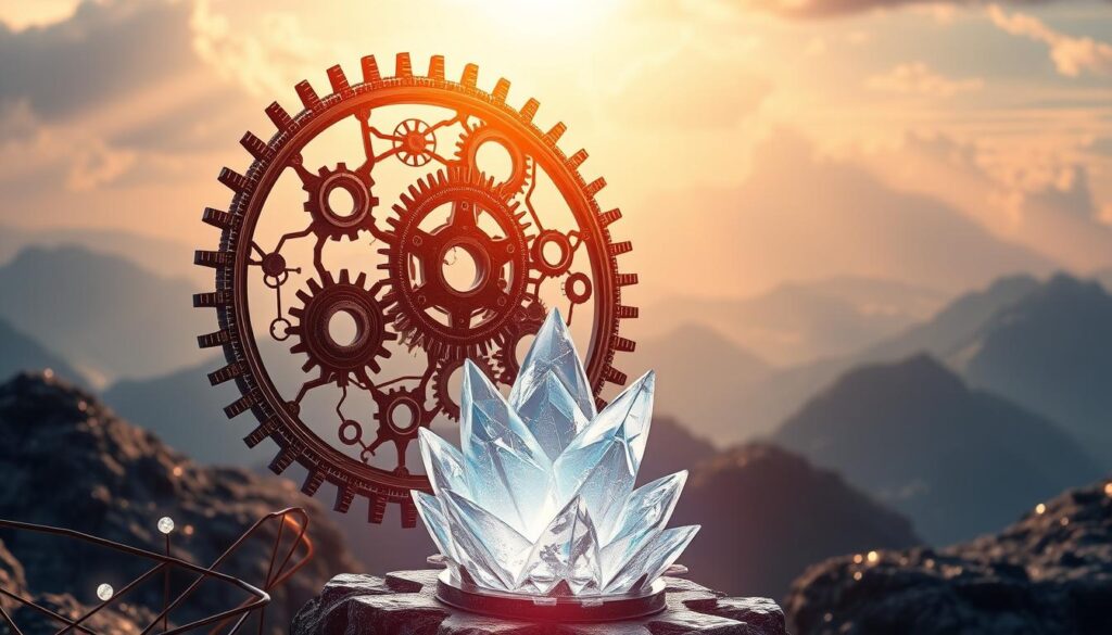 Intricate gears and circuits intertwine, representing the complex mechanisms of blockchain consensus. A luminous, ethereal landscape serves as the backdrop, hinting at the technological marvels powering secure and transparent transactions. In the foreground, a crystalline structure pulsates with energy, symbolizing the Investurns.com platform's commitment to asset security through state-of-the-art consensus protocols. Subtle rays of light filter through, creating an atmospheric, almost mystical atmosphere, conveying the importance of finality and immutability in blockchain technology.