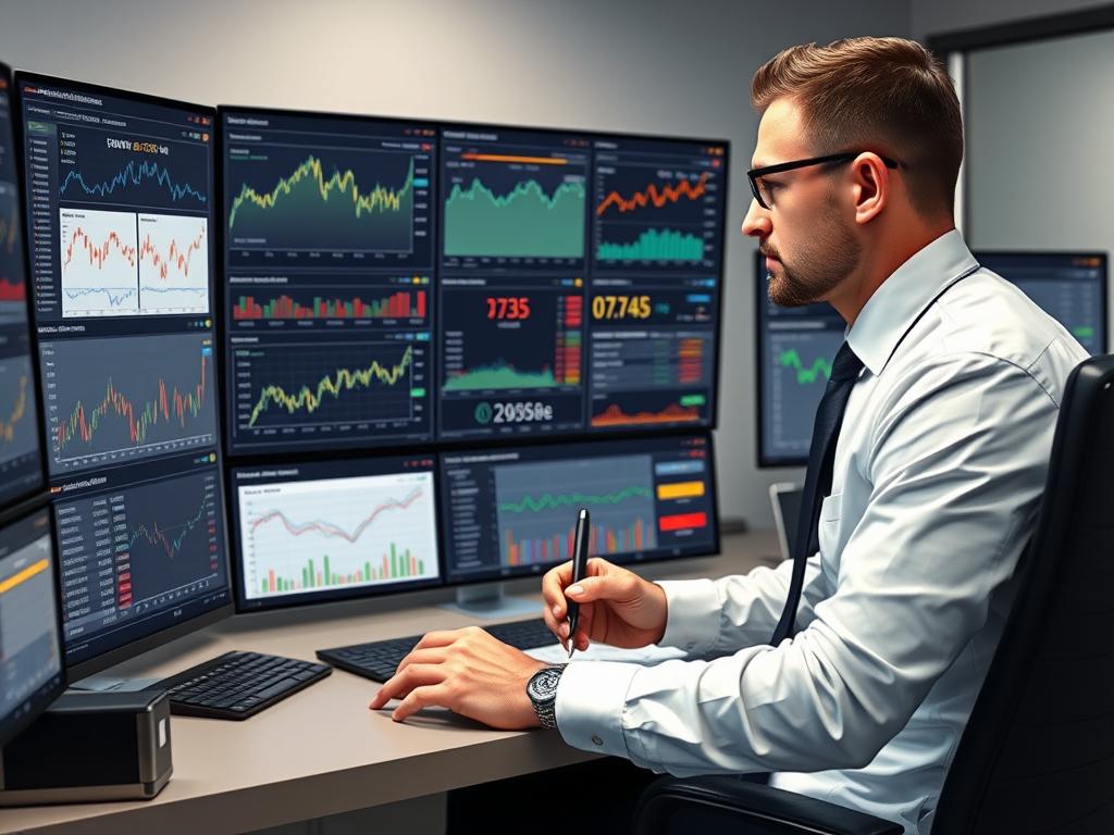 Investor analyzing multiple cryptocurrency indicators on dashboard for informed investment decisions