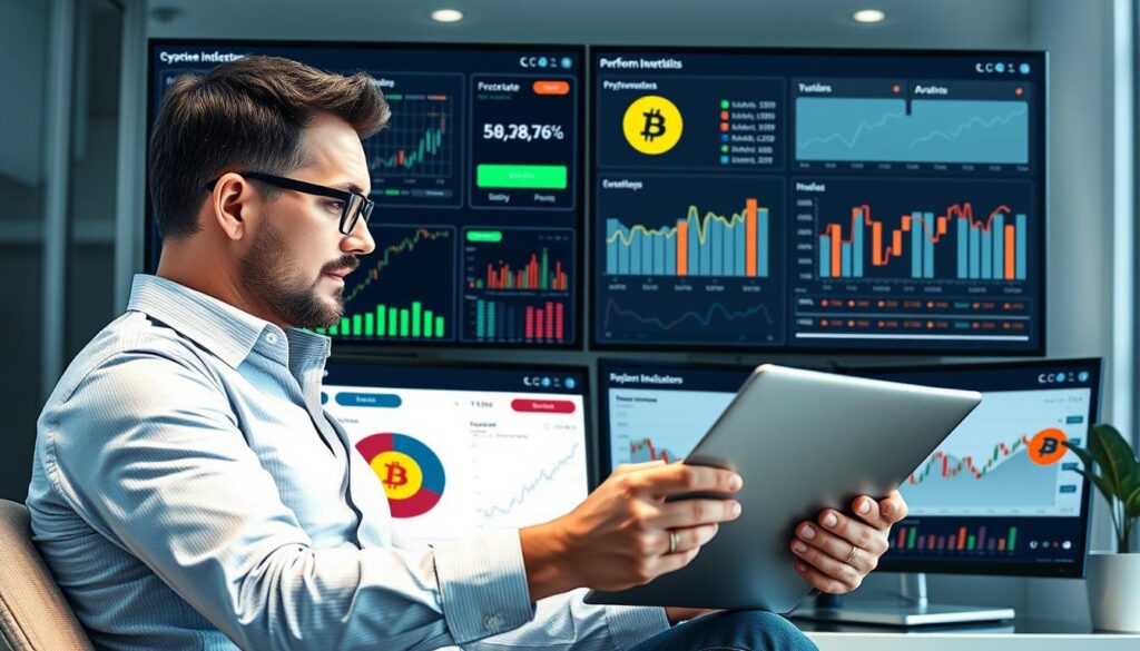 Investor reviewing cryptocurrency portfolio with market indicators for strategic investment decisions