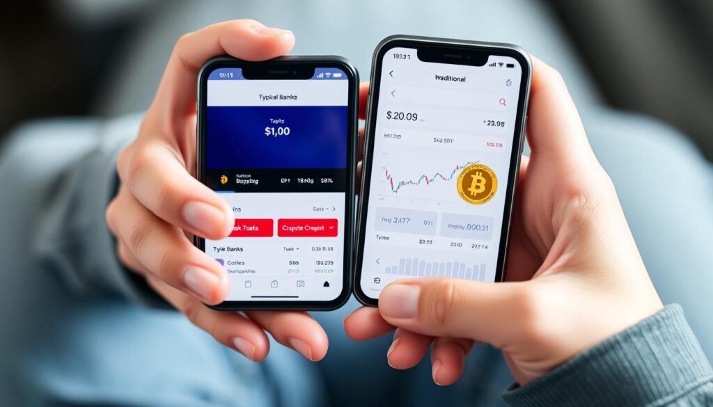 Person comparing traditional banking app with Bitcoin investment app on smartphone