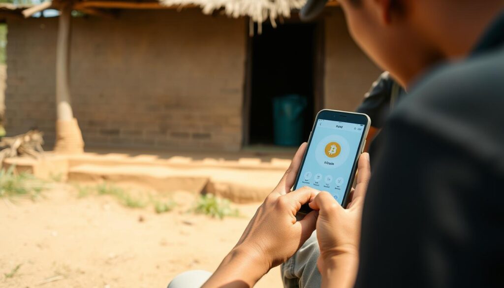 Person using mobile phone for Bitcoin investment in a rural setting