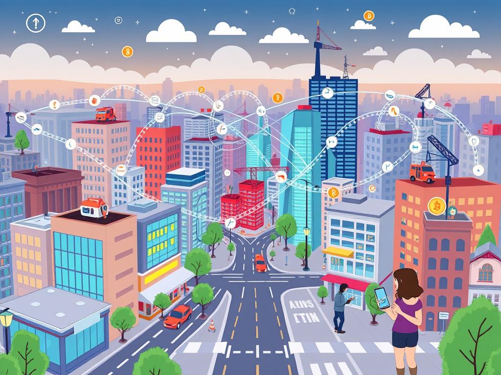 Smart city infrastructure utilizing blockchain for transparent, efficient management of resources and services, showing the future integration of digital and physical worlds Smart city infrastructure utilizing blockchain for transparent, efficient management of resources and services, showing the future integration of digital and physical worlds