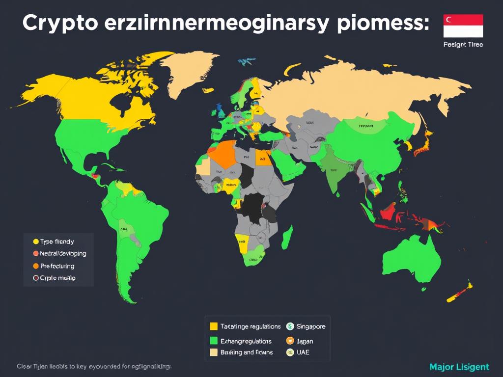World map highlighting different cryptocurrency regulatory approaches by country for investment consideration