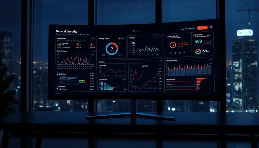 a highly detailed, photorealistic image of a network security monitoring dashboard, displayed on a large curved ultrawide computer monitor. the dashboard features various visualizations and analytics, such as network traffic graphs, security event logs, and threat detection alerts. the monitor is situated on a sleek, minimalist desk in a dimly lit, modern office environment, with a large window overlooking a nighttime cityscape in the background. the scene is illuminated by a combination of soft, indirect lighting and the glow of the monitor, creating a focused, serious atmosphere. the camera angle is slightly elevated, giving a sense of overview and control of the network security system.