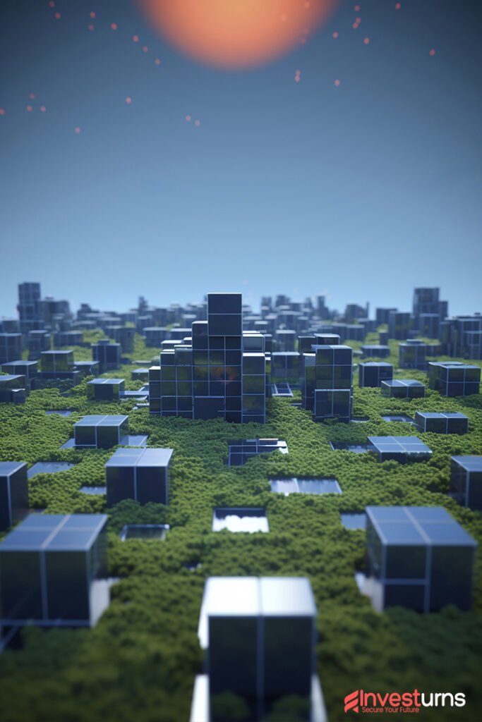 Eco-friendly futuristic city with modern cube architecture integrated into green landscape, symbolizing sustainable urban development