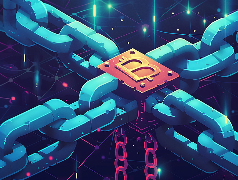 Digital blockchain chains secured with a red lock symbolizing data integrity and decentralized security