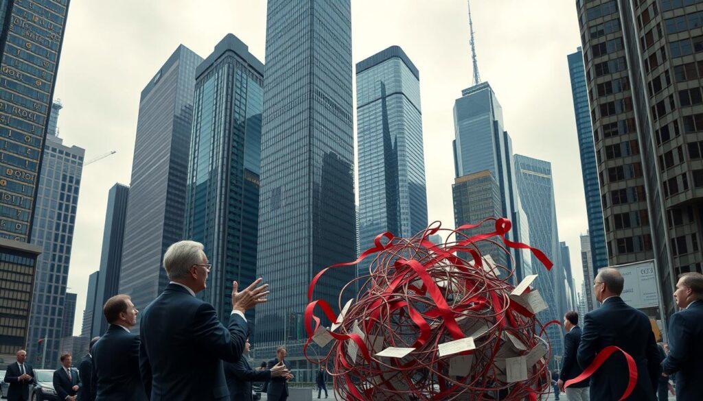 A bustling cityscape with towering skyscrapers, their facades adorned with intricate blockchain ledgers and digital token symbols. In the foreground, regulatory officials in formal attire appear perplexed, gesturing towards a tangled web of regulatory documents and red tape. The sky is overcast, casting an ominous tone, reflecting the challenges of governing the rapidly evolving world of blockchain and decentralized finance. The scene is rendered in a photorealistic style, capturing the clash between innovation and the need for robust oversight. A bustling cityscape with towering skyscrapers, their facades adorned with intricate blockchain ledgers and digital token symbols. In the foreground, regulatory officials in formal attire appear perplexed, gesturing towards a tangled web of regulatory documents and red tape. The sky is overcast, casting an ominous tone, reflecting the challenges of governing the rapidly evolving world of blockchain and decentralized finance. The scene is rendered in a photorealistic style, capturing the clash between innovation and the need for robust oversight.