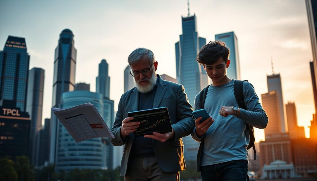 A bustling financial district at dusk, with skyscrapers casting long shadows across the cityscape. In the foreground, three generations of investors stand side by side, each representing distinct investment preferences. The Boomer generation examines a stock portfolio, the Gen X investor studies a tablet displaying cryptocurrency trends, and the Millennial carefully inspects a non-fungible token (NFT) on their smartphone. The scene is illuminated by a warm, golden light, creating a sense of contemplation and the transition of wealth across generations. The image conveys the evolving nature of investment strategies, as traditional assets coexist with emerging digital wealth.