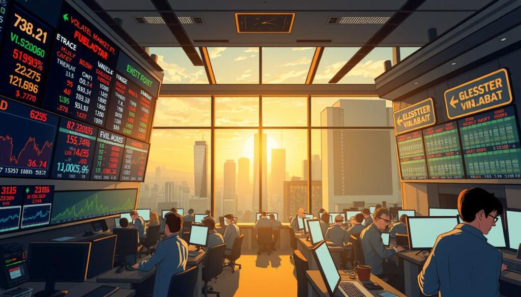 A bustling financial trading floor, seen through the lens of a wide-angle camera. In the foreground, a dynamic display board showcases a range of market indicators - stock tickers, volatility indices, and currency exchange rates. The middle ground is filled with traders intently focused on their screens, their expressions a mix of concentration and anticipation. In the background, an expansive view of the city skyline is visible through large windows, the setting sun casting a warm, golden glow over the scene. The overall atmosphere is one of intensity and cautious optimism, hinting at the complexities and potential rewards of navigating volatile financial markets.