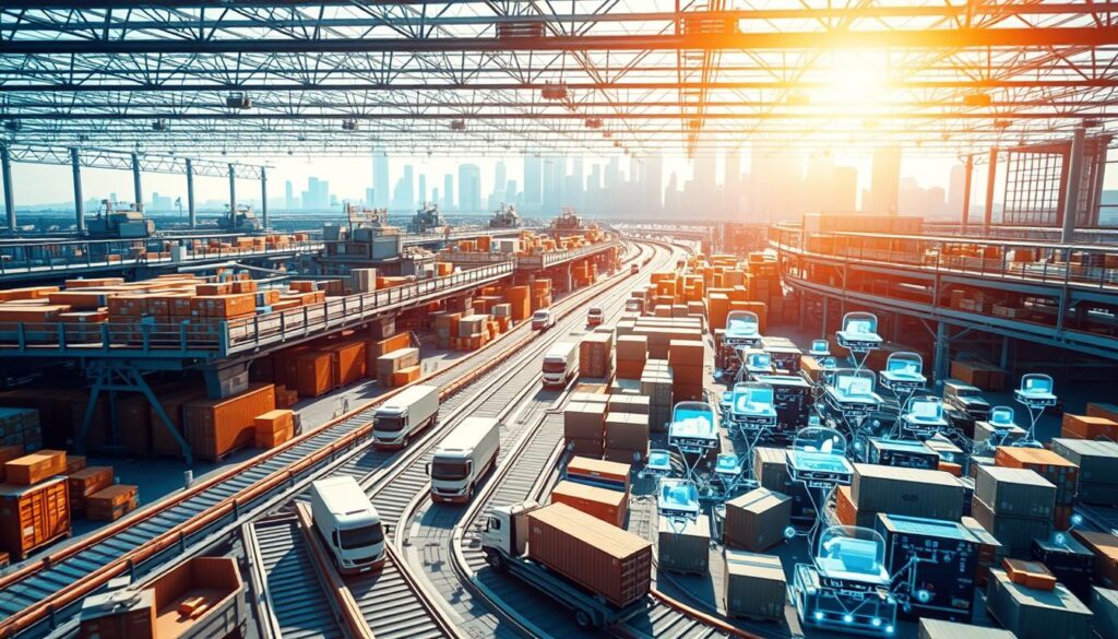 A bustling logistics hub, where packages move swiftly through a labyrinth of conveyor belts and sorting stations. Sunlight filters in, casting a warm glow on the scene. In the foreground, a transparent blockchain ledger displays real-time data on shipment statuses, inventory levels, and supply chain logistics. Intricate 3D models of shipping containers, trucks, and warehouses populate the middle ground, their inner workings visible through shimmering holographic overlays. In the background, a futuristic cityscape rises, its skyscrapers adorned with smart sensors and blockchain-enabled infrastructure. The overall atmosphere conveys a sense of efficiency, transparency, and technological advancement.