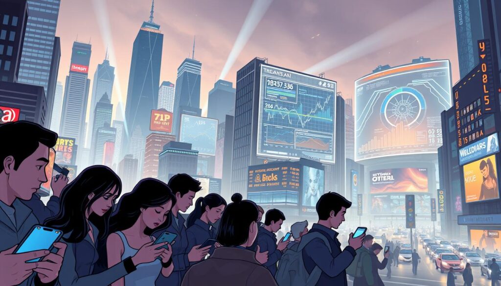 A busy cityscape with towering skyscrapers and bustling streets. In the foreground, a group of people using sleek, futuristic mobile devices, their faces illuminated by the glow of their screens. In the middle ground, large digital billboards and holograms display complex data visualizations, forecasting trends and market predictions. The background is shrouded in a soft, futuristic glow, with beams of light cutting through the urban landscape. The scene conveys a sense of innovation, interconnectedness, and the integration of AI and mobile technology in shaping the future of prediction markets.