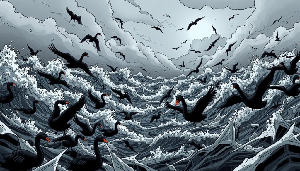A chaotic, turbulent landscape of ebony and silver, where volatility reigns supreme. In the foreground, a flock of black swans take flight, their graceful forms juxtaposed against a backdrop of crashing waves and roiling storm clouds. The middle ground is a tapestry of fractured lines and sharp angles, conveying the unpredictable nature of the markets. Casting an ominous glow, a single investurns.com logo hovers amidst the chaos, a beacon in the storm. The overall atmosphere is one of unease and uncertainty, reflecting the inherent risks and resilience required in the world of crypto investing. A chaotic, turbulent landscape of ebony and silver, where volatility reigns supreme. In the foreground, a flock of black swans take flight, their graceful forms juxtaposed against a backdrop of crashing waves and roiling storm clouds. The middle ground is a tapestry of fractured lines and sharp angles, conveying the unpredictable nature of the markets. Casting an ominous glow, a single investurns.com logo hovers amidst the chaos, a beacon in the storm. The overall atmosphere is one of unease and uncertainty, reflecting the inherent risks and resilience required in the world of crypto investing.