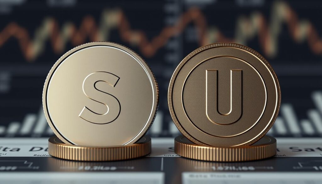 A clean, minimalist comparison of a security token and a utility token, presented against a backdrop of financial charts and graphs. The security token takes the form of a sleek, metallic shape, while the utility token appears as a stylized icon. Soft, directional lighting illuminates the tokens, creating a sense of depth and clarity. The overall mood is one of professionalism and technical precision, reflecting the legal and regulatory complexities of the topic. The composition is balanced, with the tokens positioned prominently in the foreground, surrounded by subtly rendered financial data in the middle and background layers. A clean, minimalist comparison of a security token and a utility token, presented against a backdrop of financial charts and graphs. The security token takes the form of a sleek, metallic shape, while the utility token appears as a stylized icon. Soft, directional lighting illuminates the tokens, creating a sense of depth and clarity. The overall mood is one of professionalism and technical precision, reflecting the legal and regulatory complexities of the topic. The composition is balanced, with the tokens positioned prominently in the foreground, surrounded by subtly rendered financial data in the middle and background layers.