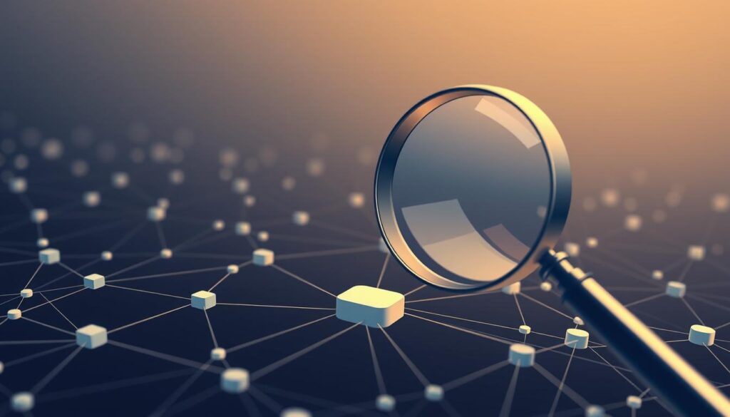 A close-up view of a blockchain network diagram, rendered in a sleek, minimalist style. The foreground displays a series of interconnected nodes, each representing a transaction or data block, with intricate lines and shapes conveying the complex web of interactions. In the middle ground, a magnifying glass hovers over the network, symbolizing the process of privacy analysis. The background features a subtle gradient, lending a sense of depth and emphasizing the analytical nature of the scene. The overall mood is one of technological sophistication and a focus on the intricacies of blockchain privacy. A close-up view of a blockchain network diagram, rendered in a sleek, minimalist style. The foreground displays a series of interconnected nodes, each representing a transaction or data block, with intricate lines and shapes conveying the complex web of interactions. In the middle ground, a magnifying glass hovers over the network, symbolizing the process of privacy analysis. The background features a subtle gradient, lending a sense of depth and emphasizing the analytical nature of the scene. The overall mood is one of technological sophistication and a focus on the intricacies of blockchain privacy.