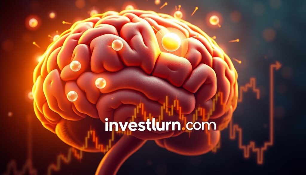 A close-up view of a human brain, illuminated by a warm, golden light. Neurotransmitters, represented as glowing orbs, dance and pulse across the neural pathways, focusing on the region associated with reward and decision-making. In the foreground, a stylized stock chart pulses and fluctuates, overlaid with the investurns.com logo, creating a visual metaphor for the link between dopamine, trading decisions, and financial volatility. The scene conveys a sense of the emotional and neurological factors that influence investment behavior. A close-up view of a human brain, illuminated by a warm, golden light. Neurotransmitters, represented as glowing orbs, dance and pulse across the neural pathways, focusing on the region associated with reward and decision-making. In the foreground, a stylized stock chart pulses and fluctuates, overlaid with the investurns.com logo, creating a visual metaphor for the link between dopamine, trading decisions, and financial volatility. The scene conveys a sense of the emotional and neurological factors that influence investment behavior.