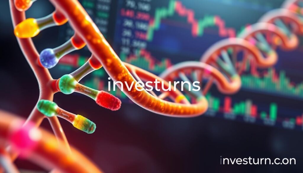 A close-up view of human DNA strands, with genetic markers highlighted in vibrant colors. In the background, a financial chart depicting stock market trends and trading activity, creating a visually striking juxtaposition between biology and finance. The lighting is soft and diffused, emphasizing the delicate nature of the genetic material. The image has a contemplative, almost ethereal quality, inviting the viewer to consider the intricate connections between our genetic makeup and our financial decision-making. The investurns.com brand is subtly incorporated into the scene, adding a sense of authority and expertise to the subject matter. A close-up view of human DNA strands, with genetic markers highlighted in vibrant colors. In the background, a financial chart depicting stock market trends and trading activity, creating a visually striking juxtaposition between biology and finance. The lighting is soft and diffused, emphasizing the delicate nature of the genetic material. The image has a contemplative, almost ethereal quality, inviting the viewer to consider the intricate connections between our genetic makeup and our financial decision-making. The investurns.com brand is subtly incorporated into the scene, adding a sense of authority and expertise to the subject matter.
