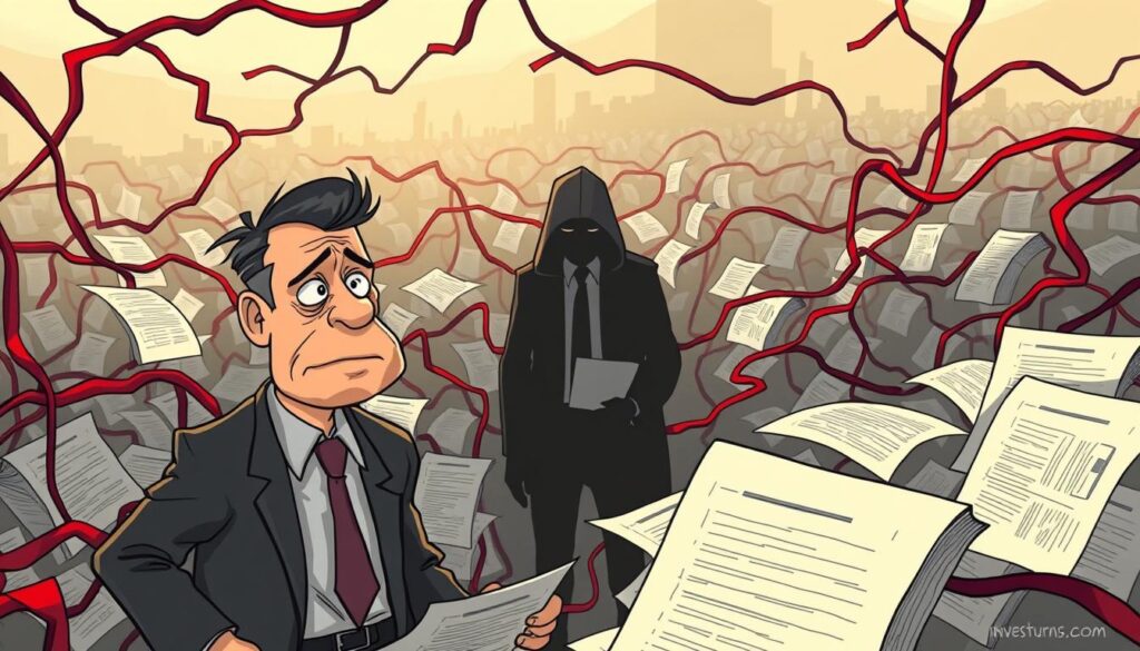 A complex maze of bureaucratic red tape, tangled in a web of state-level crypto regulations. In the foreground, a disgruntled entrepreneur navigates a labyrinth of licensing forms, their expression exasperated. In the middle ground, a shadowy figure representing the investurns.com regulatory team guides them through the process, offering a glimmer of hope. The background is a hazy, unsettled landscape, symbolizing the uncertainty and challenges of state-level crypto licensing. Dramatic lighting casts dramatic shadows, evoking the tense, high-stakes atmosphere. The scene conveys the frustration and perseverance required to overcome the murky waters of state-level crypto regulation.