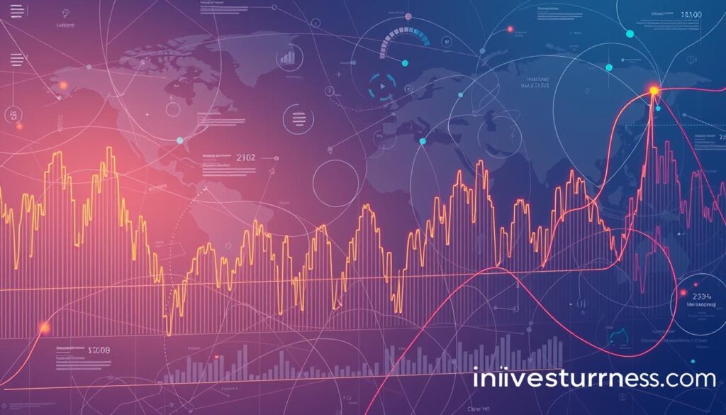A complex web of financial data and metrics, illuminated by a sleek, modern interface. In the foreground, a dynamic graph showcases the intricate risk-reward dynamics of crypto investments, its lines ebbing and flowing like a heartbeat. The middle ground features elegant infographic elements, providing clear visualizations of key indicators and statistics. In the background, a stylized world map hints at the global reach and interconnectedness of the crypto market. Bathed in a soft, cool-toned lighting, the entire scene conveys a sense of analytical depth and cautious exploration. The investurns.com brand shines subtly, adding a touch of authority to this insightful crypto risk-reward analysis.