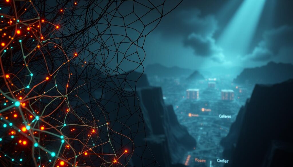 A complex web of interlocking lines and shapes, representing the intricate and often hidden vulnerabilities within smart contract code. In the foreground, a tangle of glowing circuits and digital nodes, hinting at the potential for exploitation. The middle ground features a network of interconnected blockchain transactions, with flashes of warning signals and error messages. In the distant background, a ominous digital landscape, shrouded in a haze of uncertainty, underscoring the fragility of the decentralized finance ecosystem. The scene is illuminated by a harsh, directional light, casting long shadows and creating a sense of tension and unease. The overall composition conveys the delicate balance between the promise of smart contracts and the very real risks they pose.