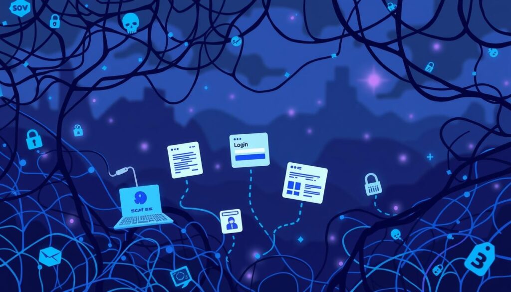 A complex web of stylized phishing patterns in shades of blue and purple, cast in a moody, dimly-lit atmosphere. The foreground features a tangled, labyrinthine network of lines and shapes mimicking hacking symbols and glyphic elements. The middle ground showcases a series of sophisticated digital scams like spoofed login pages and fraudulent transaction flows. In the background, a blurred, ominous digital landscape evokes the unseen vulnerabilities that enable such dusting attacks to disrupt wallet security. A complex web of stylized phishing patterns in shades of blue and purple, cast in a moody, dimly-lit atmosphere. The foreground features a tangled, labyrinthine network of lines and shapes mimicking hacking symbols and glyphic elements. The middle ground showcases a series of sophisticated digital scams like spoofed login pages and fraudulent transaction flows. In the background, a blurred, ominous digital landscape evokes the unseen vulnerabilities that enable such dusting attacks to disrupt wallet security.