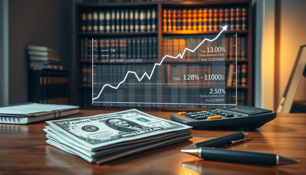 A crisp, professionally-lit image of capital gains tax strategies. In the foreground, a stack of US dollar bills, a calculator, and a pen resting on a wooden desk. The middle ground depicts a holographic graph displaying stock prices and tax calculations. In the background, a bookshelf filled with finance and tax law volumes, illuminated by a warm, focused light. The overall atmosphere is one of thoughtful analysis, with a subtle sense of financial complexity and strategic planning.