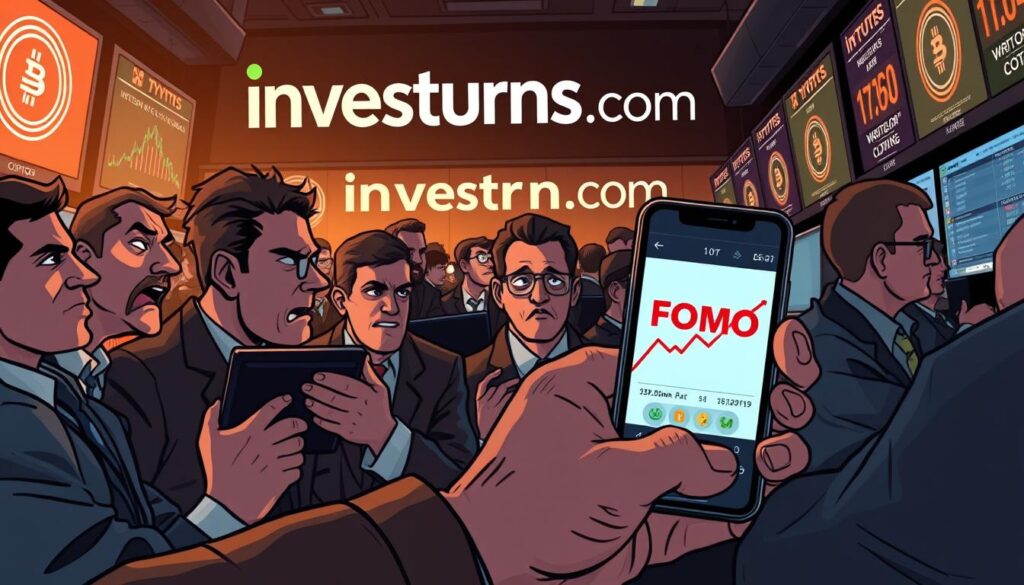 A crowded financial trading floor, with traders engrossed in their screens, faces etched with a mixture of excitement and anxiety. The atmosphere is charged with the frenetic energy of cryptocurrency markets, as the investurns.com logo looms in the background, a symbol of the growing influence of digital assets. Dramatic lighting casts sharp shadows, creating a sense of high-stakes drama. In the foreground, a hand grasps a smartphone, its screen displaying a sharp decline in cryptocurrency prices, conveying the emotional impact of FOMO (Fear of Missing Out) on investment decisions.