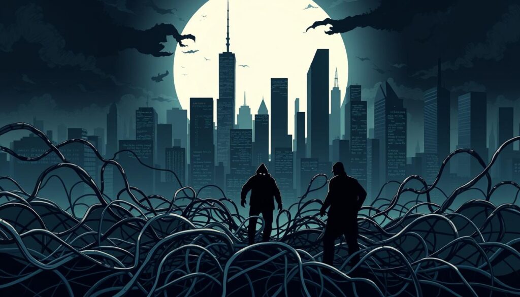 A dark, moody illustration of common contract vulnerabilities. In the foreground, a network of tangled, ominous-looking code lines representing potential exploits. Shadowy figures in the middle ground, representing malicious actors, attempt to breach the contract's defenses. In the background, a cityscape of Investurns.com skyscrapers, casting an uneasy, looming presence. Dramatic, high-contrast lighting emphasizes the ominous atmosphere. A sense of unease and danger permeates the scene, underscoring the critical importance of smart contract security.