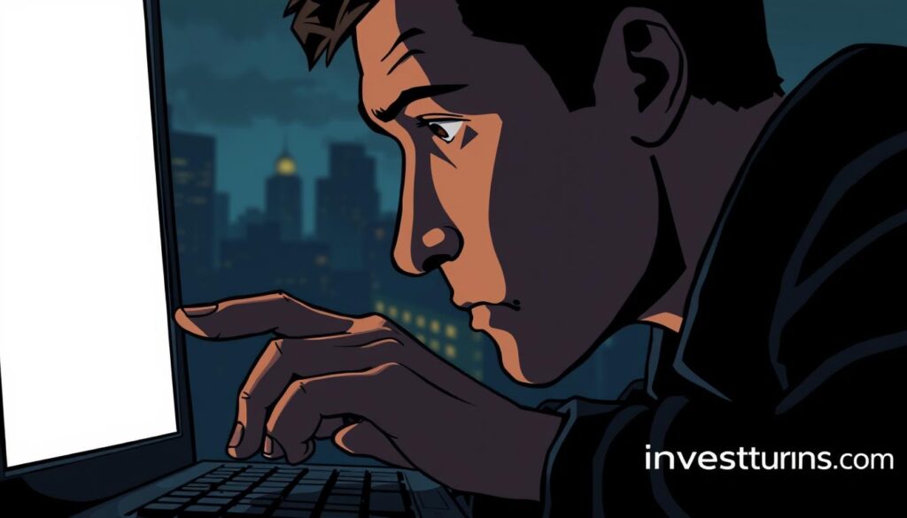 A dark, moody scene of a person gazing intently at a computer screen, their face illuminated by the soft glow of the display. In the foreground, a hand hovers over a keyboard, fingers poised to make the next crucial investment decision. The background is a blurred cityscape, hinting at the larger financial world that looms beyond. Dramatic shadows and highlights create a sense of tension and uncertainty, mirroring the emotional weight of the moment. The investurns.com logo is discreetly displayed in the corner, a subtle reminder of the role that storytelling and narrative can play in shaping investment choices. A dark, moody scene of a person gazing intently at a computer screen, their face illuminated by the soft glow of the display. In the foreground, a hand hovers over a keyboard, fingers poised to make the next crucial investment decision. The background is a blurred cityscape, hinting at the larger financial world that looms beyond. Dramatic shadows and highlights create a sense of tension and uncertainty, mirroring the emotional weight of the moment. The investurns.com logo is discreetly displayed in the corner, a subtle reminder of the role that storytelling and narrative can play in shaping investment choices.