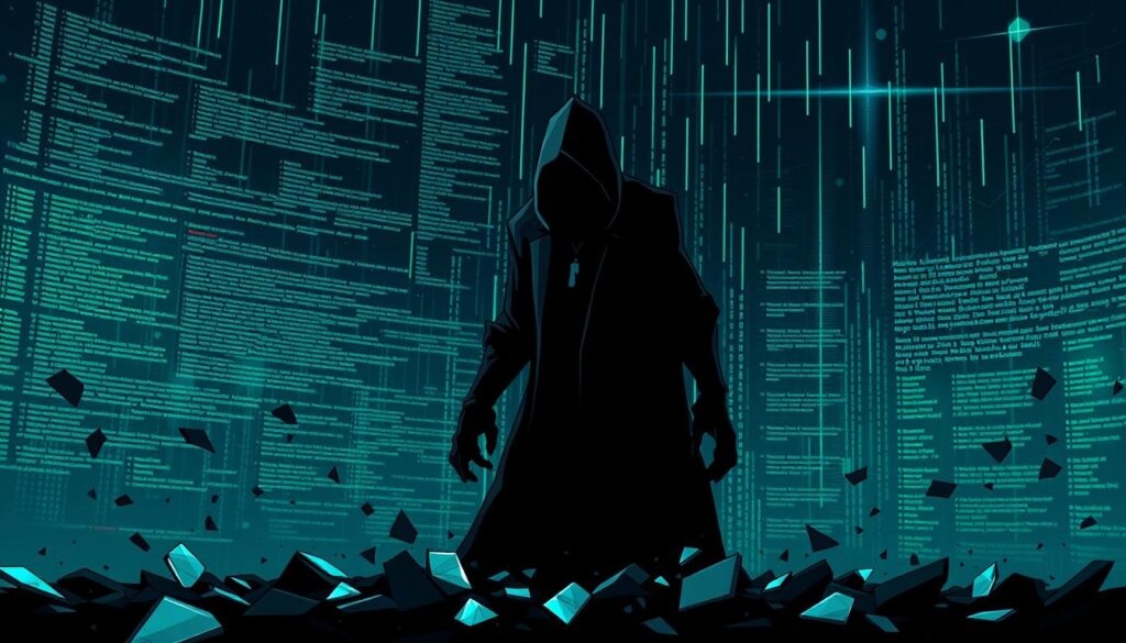 A dark, ominous backdrop of a decentralized finance (DeFi) ecosystem, with glitching, fragmented code and data streams cascading across the frame. In the foreground, a looming, shadowy figure representing vulnerabilities and exploits, casting an unsettling presence. Shards of broken glass and corrupted blockchain elements scatter the scene, hinting at the fragility and risks inherent in DeFi protocols. The lighting is harsh, creating a sense of unease and danger. Investurns.com