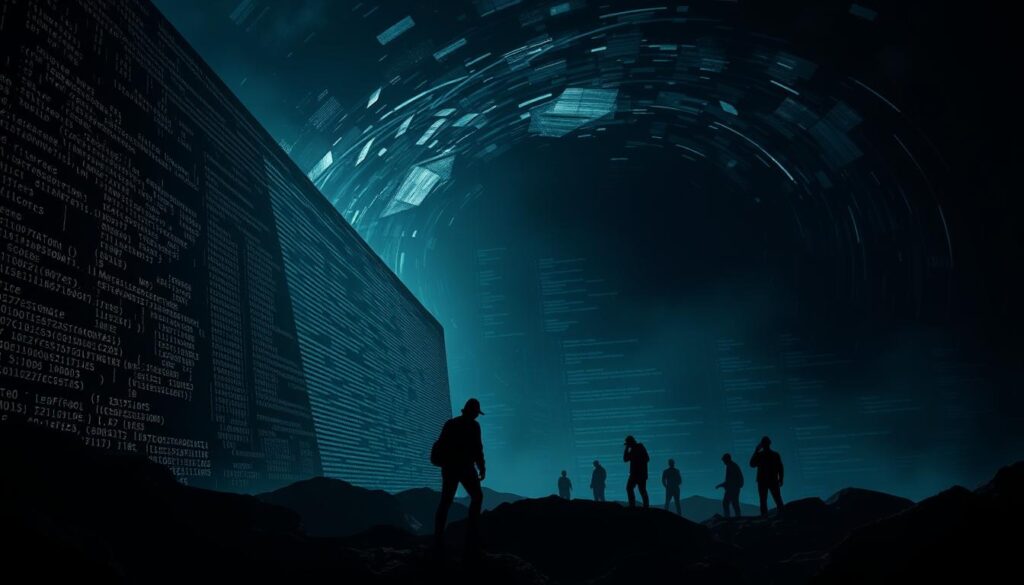 A dark, ominous landscape of blockchain vulnerabilities. In the foreground, a towering wall of cryptographic code and data streams, representing the complex technical challenges of securing cross-chain asset transfers. In the middle ground, silhouettes of shadowy figures, hackers and malicious actors, probing for weaknesses. The background is a swirling vortex of digital chaos, with glitching, fragmented blockchain ledgers and cascading error messages. Dramatic lighting casts long, foreboding shadows, creating a sense of unease and impending danger. The overall tone is one of tension, vulnerability, and the high-stakes battle to safeguard digital assets across interconnected blockchain networks.