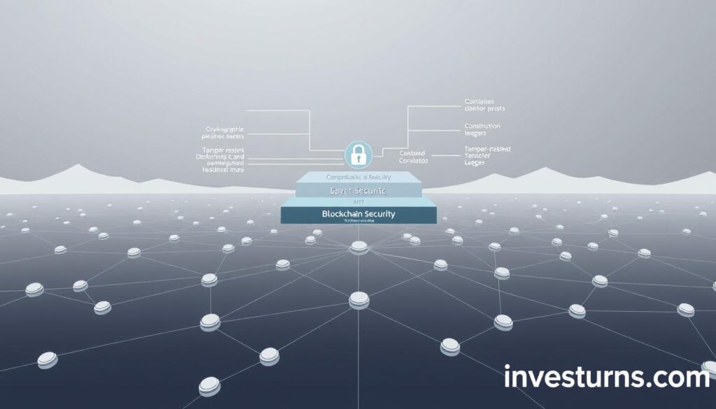 A detailed blockchain security diagram, rendered in a clean, technical style. The foreground shows a network of interconnected nodes, each representing a blockchain participant. The middle ground features a layered security architecture, with cryptographic protocols, consensus mechanisms, and tamper-resistant distributed ledgers. The background depicts a serene, minimalist landscape, hinting at the decentralized, autonomous nature of the blockchain system. Muted tones and precise lines convey a sense of reliability and trust. Investurns.com