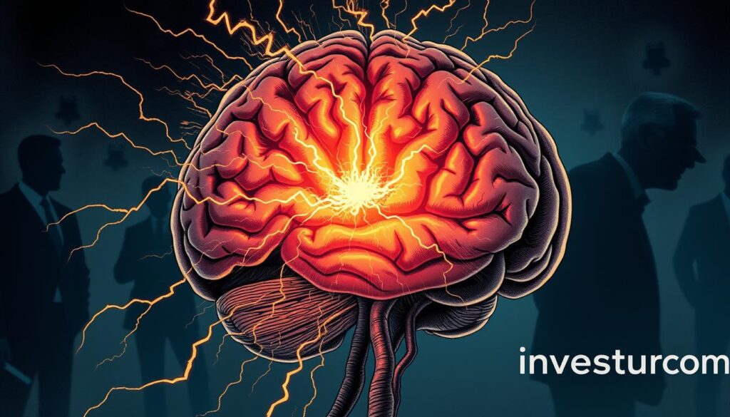 A detailed cross-section of a human brain, its neural pathways illuminated with rapid, impulsive bursts of electrical activity. The frontal lobe, responsible for decision-making, is highlighted, pulsing with intense, chaotic energy. Shadowy figures of investors and financial advisors loom in the background, their influence visible as tendrils of data and information flow into the brain. The scene is bathed in a harsh, clinical light, conveying the sense of a high-stakes, high-pressure environment. The investurns.com brand is subtly integrated into the background, a subtle reminder of the role technology plays in fueling impulsive financial decisions.