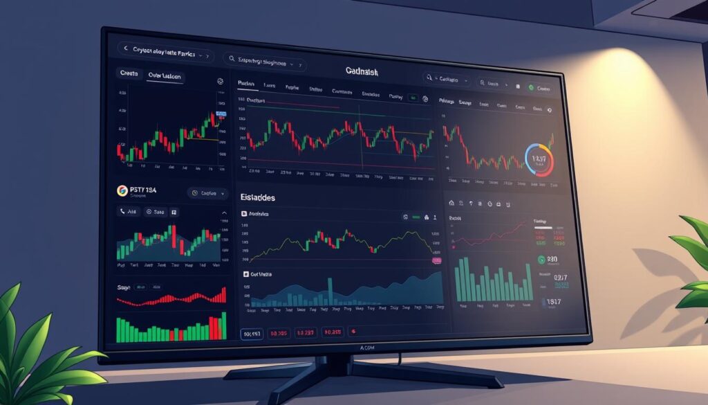A detailed crypto market analysis dashboard displayed on a large, high-resolution monitor. The screen shows various financial charts, graphs, and data visualizations, including candlestick charts, line graphs, and statistical indicators. The interface is sleek and minimalist, with a dark color scheme that emphasizes the data. The display is illuminated by soft, indirect lighting, creating a focused and professional atmosphere. The scene is captured from a slightly elevated angle, giving a sense of authority and expertise. The overall impression is one of a comprehensive, data-driven analysis of the cryptocurrency market.