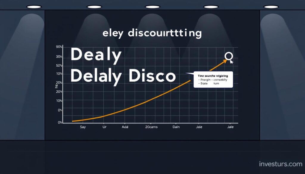 A detailed, data-driven graph depicting delay discounting research, showcasing the relationship between time preference and financial decision-making. The scene features a sleek, minimalist design with a dark background, creating a professional and academic atmosphere. The graph is the focal point, presented with clean lines, precise data visualizations, and a subtle investurns.com watermark in the bottom right corner. Lighting is soft and directional, highlighting the graph's clarity and elegance. The overall mood conveys the importance of understanding delay discounting and its implications for achieving long-term financial success.