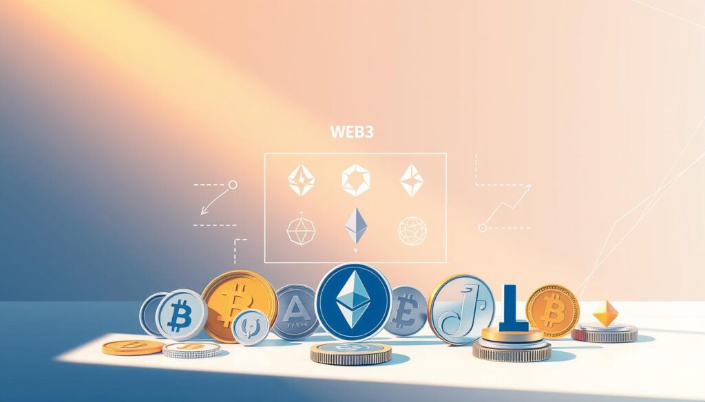 A detailed illustration of crypto compensation models in a modern, minimalist style. In the foreground, various cryptocurrency symbols like Bitcoin, Ethereum, and Litecoin are arranged in a visually striking layout, conveying the diversity of digital assets. The middle ground showcases abstract representations of Web3 compensation structures, such as decentralized autonomous organizations (DAOs), equity tokens, and staking rewards. The background features a sleek, gradient-based environment with subtle geometric patterns, creating a futuristic and technologically advanced atmosphere. Warm lighting from the left casts dynamic shadows, adding depth and dimensionality to the scene. The overall composition aims to provide a clear, visually engaging depiction of the evolving crypto-based compensation landscape. A detailed illustration of crypto compensation models in a modern, minimalist style. In the foreground, various cryptocurrency symbols like Bitcoin, Ethereum, and Litecoin are arranged in a visually striking layout, conveying the diversity of digital assets. The middle ground showcases abstract representations of Web3 compensation structures, such as decentralized autonomous organizations (DAOs), equity tokens, and staking rewards. The background features a sleek, gradient-based environment with subtle geometric patterns, creating a futuristic and technologically advanced atmosphere. Warm lighting from the left casts dynamic shadows, adding depth and dimensionality to the scene. The overall composition aims to provide a clear, visually engaging depiction of the evolving crypto-based compensation landscape.