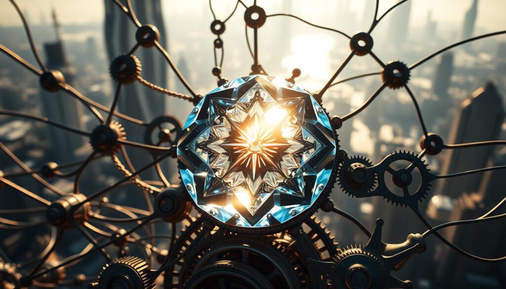 A detailed illustration of intrinsic versus extrinsic value, captured through a stunning cinematic lens. In the foreground, a gleaming, faceted jewel radiates an innate brilliance, symbolizing intrinsic worth. Surrounding it, a web of interconnected gears and mechanisms, representing the complex systems that assign extrinsic value. The background suggests a majestic, futuristic cityscape, hinting at the broader societal context that shapes perceptions of value. Dramatic lighting casts sharp shadows, emphasizing the contrast between the inherent and the imposed. The overall composition conveys the nuanced interplay between the intrinsic and extrinsic aspects of value.