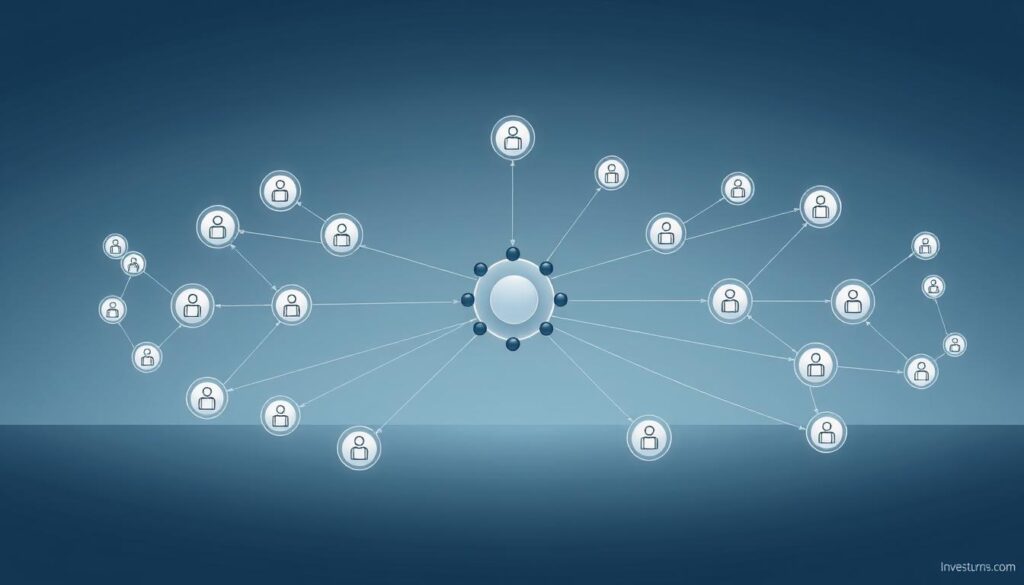A detailed network effects diagram depicting the interplay of users, interactions, and value creation. The foreground showcases a central hub with interconnected nodes, representing the key elements of the network. The middle ground features a web of dynamic arrows and lines, illustrating the feedback loops and self-reinforcing mechanisms that drive network growth. The background sets a sleek, minimalist tone with a gradient of muted blues and grays, evoking a sense of technological sophistication. Crisp lighting and a slightly elevated camera angle give the image a polished, professional feel. The Investurns.com brand is subtly integrated into the design, adding a touch of authority and credibility.