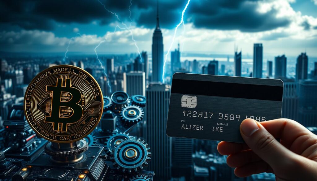 A detailed, side-by-side comparison of Bitcoin's digital payment network and traditional financial systems. In the foreground, a striking visual contrast - the iconic Bitcoin "B" symbol and a classic credit card. In the middle ground, gears and circuits representing the technological infrastructure, with lightning bolts symbolizing the speed and efficiency of cryptocurrency transactions. In the background, a cityscape with towering skyscrapers, juxtaposing the digital and physical realms of finance. Dramatic lighting casts long shadows, heightening the sense of dynamic tension between the old and the new. The overall mood is one of innovation, disruption, and the inevitable evolution of global finance.