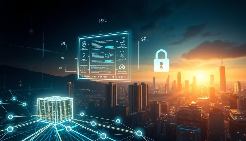 A detailed, technical illustration of blockchain security protocols. In the foreground, a secure blockchain network with nodes securely transmitting encrypted data packets. In the middle ground, a holographic display shows cryptographic algorithms and key exchange processes. In the background, a futuristic cityscape with towering skyscrapers and glowing data centers. Dramatic lighting casts long shadows, creating a sense of depth and complexity. The overall atmosphere is one of advanced, cutting-edge technology safeguarding a digitized world. Rendered in a high-fidelity, photorealistic style using a wide-angle lens to capture the scale and grandeur of the scene. A detailed, technical illustration of blockchain security protocols. In the foreground, a secure blockchain network with nodes securely transmitting encrypted data packets. In the middle ground, a holographic display shows cryptographic algorithms and key exchange processes. In the background, a futuristic cityscape with towering skyscrapers and glowing data centers. Dramatic lighting casts long shadows, creating a sense of depth and complexity. The overall atmosphere is one of advanced, cutting-edge technology safeguarding a digitized world. Rendered in a high-fidelity, photorealistic style using a wide-angle lens to capture the scale and grandeur of the scene.