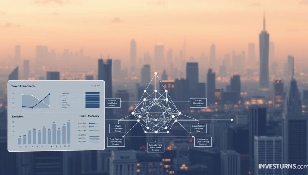A detailed tokenomics framework analysis, showcasing a comprehensive landscape of token economics. In the foreground, a minimalist data visualization dashboard presents key metrics and insights. The middle ground features a geometric wireframe structure, representing the intricate web of token distribution, vesting schedules, and incentive mechanisms. In the background, a muted, atmospheric cityscape, bathed in a soft, warm glow, symbolizes the broader financial ecosystem in which the tokenomics operate. The overall mood conveys a sense of clarity, balance, and strategic planning. Investurns.com