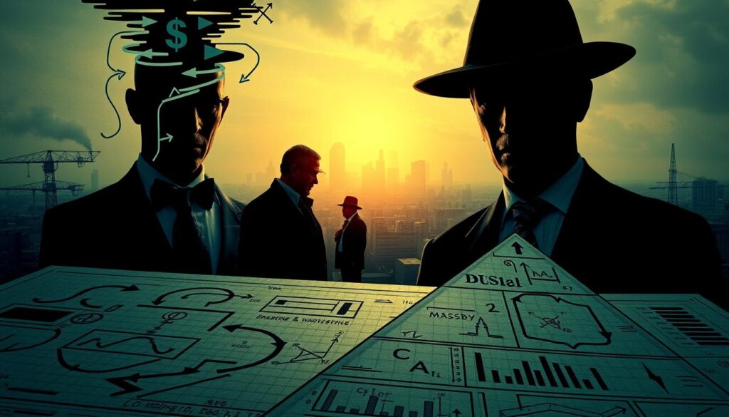 A detailed visual analysis of a Ponzi scheme, set against a backdrop of a complex financial landscape. In the foreground, intricate financial diagrams and charts illustrate the inner workings of a pyramid-like investment structure, with arrows and lines tracing the flow of funds. In the middle ground, shadowy figures engage in clandestine negotiations, their expressions conveying a sense of unease and deception. The background is a hazy, industrial cityscape, suggesting the far-reaching impact of such financial schemes. The lighting is moody, with chiaroscuro effects highlighting the sinister nature of the subject matter. The overall composition evokes a sense of complexity, uncertainty, and the gradual unraveling of a fraudulent financial system.
