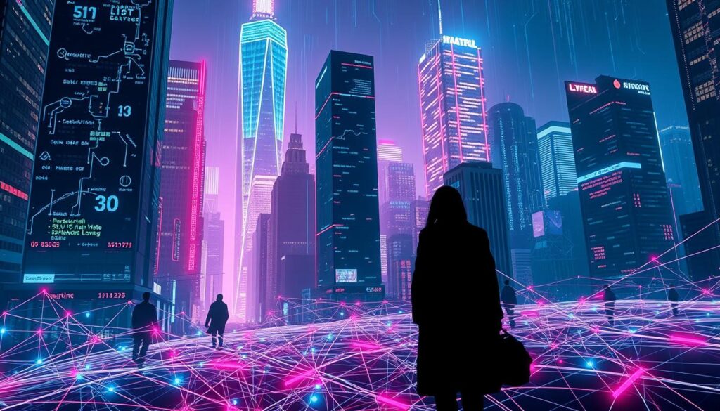 A digital cityscape bathed in a neon glow, with towering skyscrapers and complex algorithmic interfaces projected onto their facades. In the foreground, a tangled web of lines, symbols, and data streams representing the intricate mechanisms of algorithmic governance. Shadowy figures navigate this landscape, their movements restricted by invisible boundaries. The scene conveys a sense of uncertainty, risk, and the potential for unintended consequences when "code is law" without sufficient human oversight and ethical considerations.