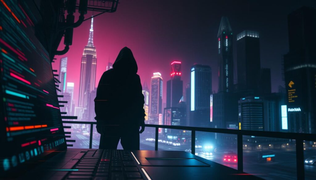 A dimly lit, cyberpunk-inspired scene depicting the aftermath of a DeFi exploit. In the foreground, the user interface of a DeFi platform glitches and distorts, hinting at the vulnerabilities in its code. In the middle ground, a shadowy figure representing the malicious actor responsible for the exploit lurks, their face obscured. In the background, a cityscape of towering skyscrapers and neon-lit streets reflects the chaos and uncertainty of the DeFi landscape. The lighting is harsh, with sharp contrasts and deep shadows, creating a sense of unease and tension. The overall mood is one of cautionary tales, where "code is law" has failed to account for human greed and deceit.