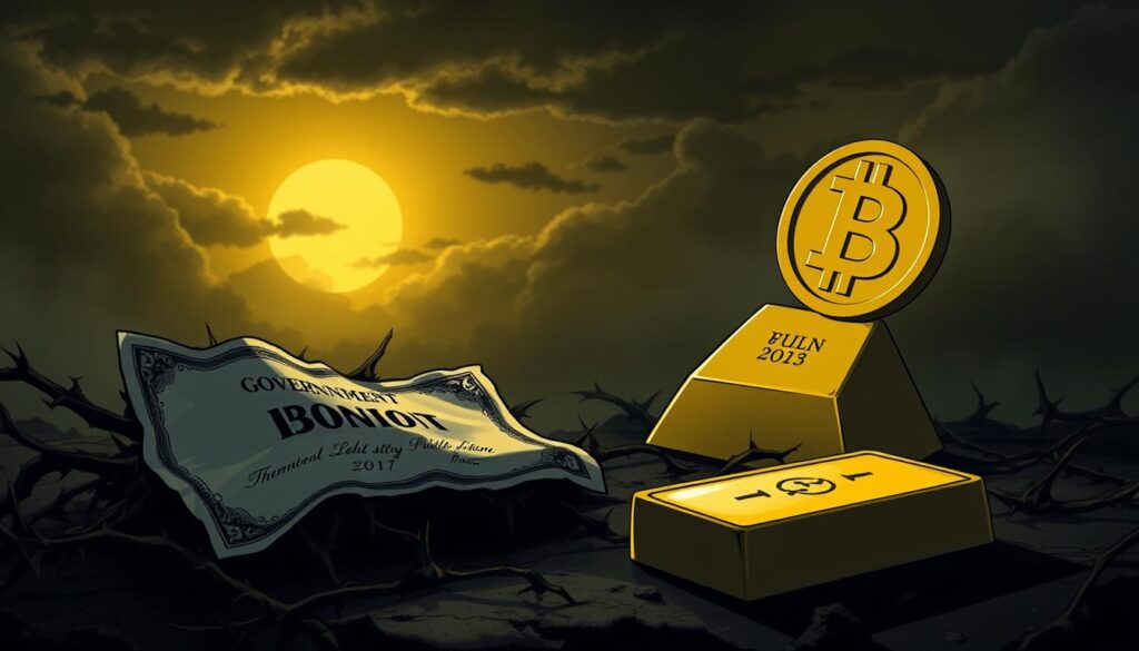 A dimly lit, high-contrast scene depicting the impact of sovereign debt on financial assets. In the foreground, a crumbling government bond certificate lies amid a tangle of thorns, symbolizing the corrosive effects of excessive debt. In the middle ground, a golden bullion bar and a stylized Bitcoin icon face off, representing the battle between traditional and digital stores of value. The background is shrouded in a hazy, unsettling atmosphere, with ominous clouds and a setting sun casting an eerie glow. The overall composition conveys a sense of instability, uncertainty, and the urgent need for investors to seek stable, inflation-resistant assets in the face of mounting sovereign debt pressures.