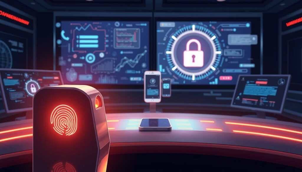 A dimly lit, high-tech security control room, with sleek monitors and holographic displays showcasing various secure authentication methods. In the foreground, a biometric fingerprint scanner glows softly, conveying a sense of advanced security. In the middle ground, a two-factor authentication interface is prominently featured, with a smartphone and security token seamlessly integrated. The background is filled with abstract data visualizations, representing the complex algorithms and protocols that power these secure systems. The overall atmosphere is one of technological sophistication and unwavering protection, creating an immersive and visually compelling scene.
